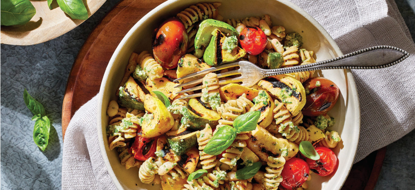 Basil-Leek Pesto Pasta with Cherry Tomatoes and Summer Squash
