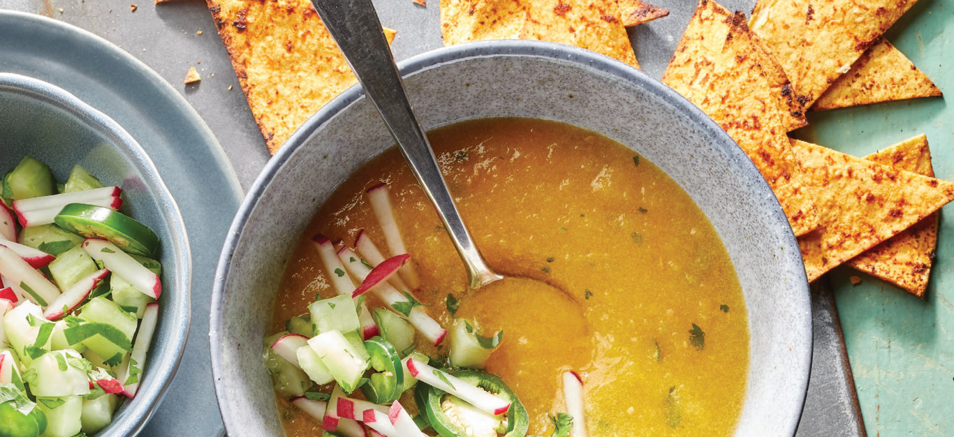 Yellow Tomato and Cucumber Gazpacho with Chili-Lime Chips
