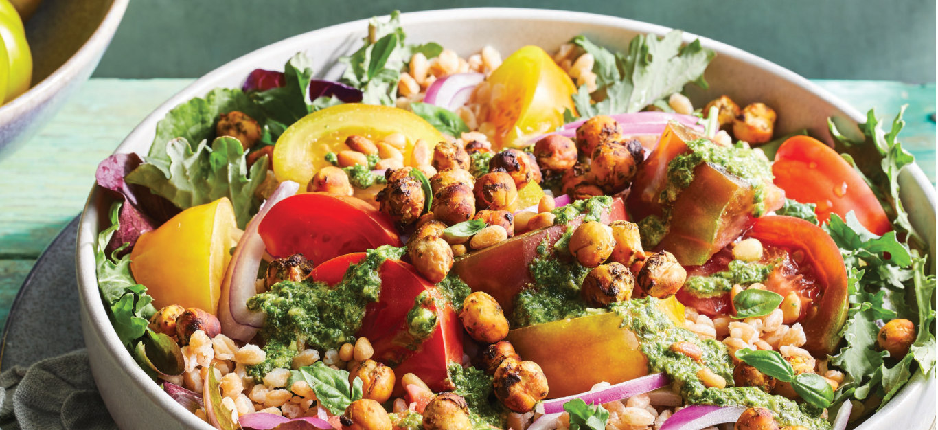 Hearty Pesto Salad with Tomatoes, Farro, and Air-Fried Chickpeas