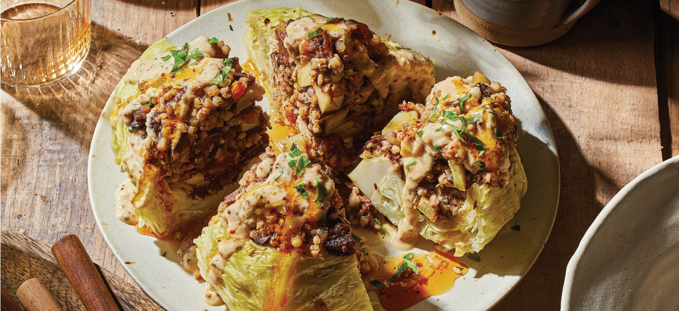 Stuffed Whole Cabbage with Kasha and Mustard Cream
