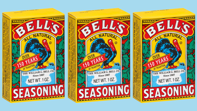 Three boxes of Bell's Poultry Seasoning on a solid blue background