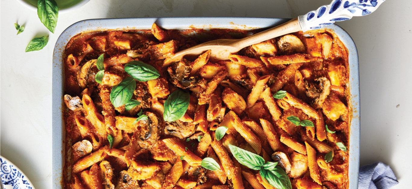 Mediterranean Pasta Bake with Mushrooms and Eggplant