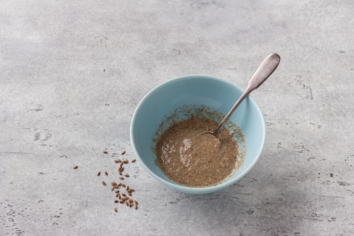 A flax egg (soaked flaxseeds in a bowl, used for a vegan egg substitute for baking)