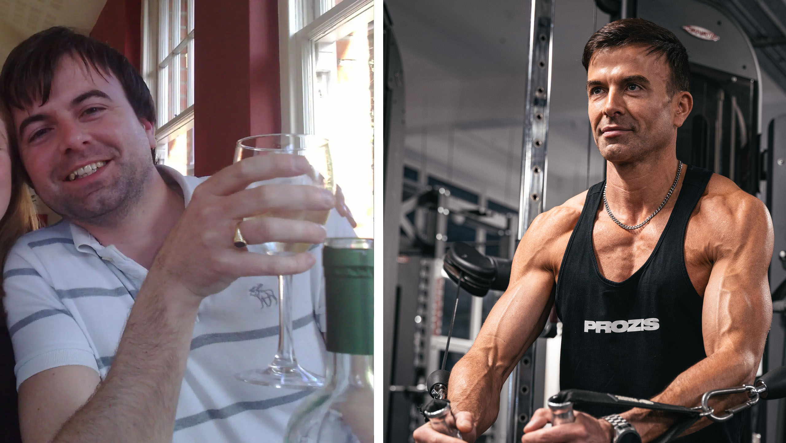 Before and after shot of Aaron Calder. On the left, Calder holds a glass of wine and on the right, Calder is at the gym lifting weights
