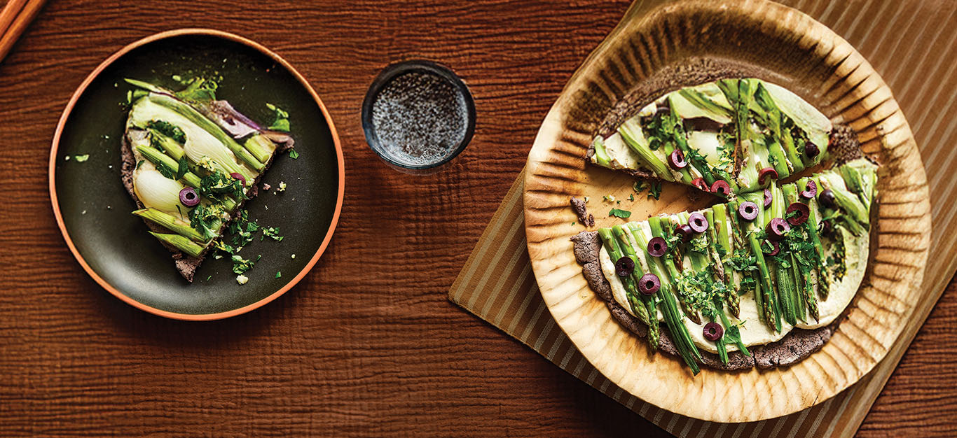 Spring Onion and Asparagus Tarts with Black Bean Crust