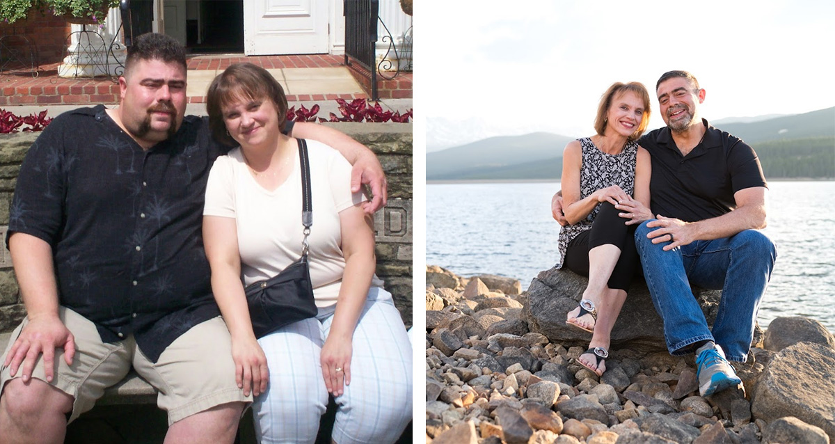 Before and after of Tim Kaufman and his wife, showing significant weight loss. In the right photo the Kaufmans are sitting on a rock at the edge of a lake