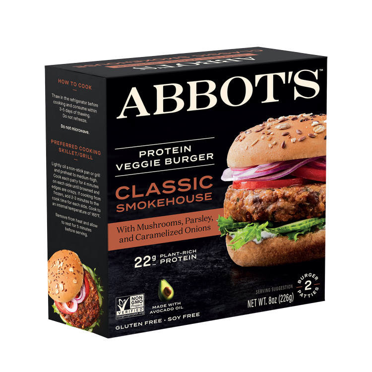 A box of Abbot's Protein Veggie Burgers Classic Smokehouse