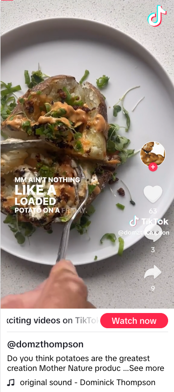 Screenshot from vegan TikToker Dominick Thompson's TikTok @domzthompson - The screenshot shows a loaded vegan baked potato