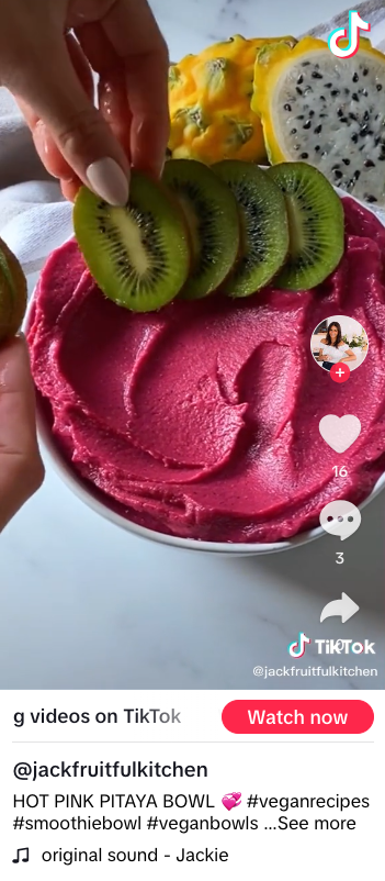 Screenshot of Jackfruitful Jackie's TikTok, from a video where she shows how to make a vegan pitaya smoothie bowl