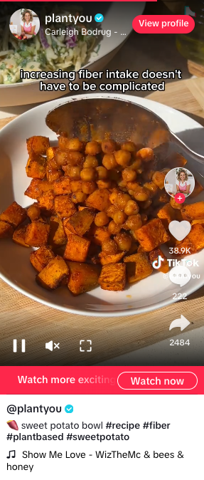 screenshot of a TikTok video by Carleigh Bodrug of @plantyou - the screenshot shows roasted sweet potatoes and chickpeas