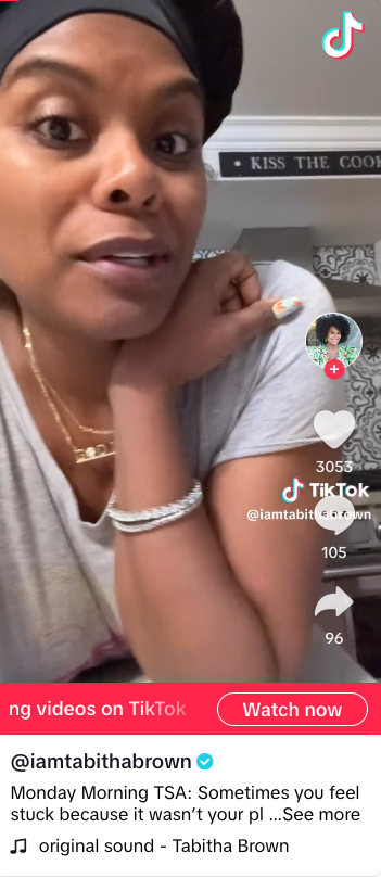 Screenshot of vegan TikTok star Tabitha Brown, from a TikTok video where she speaks directly to the camera