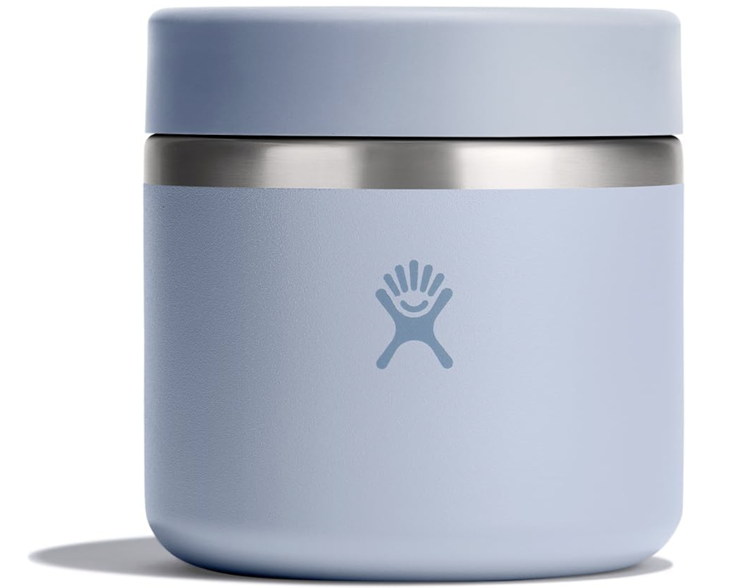 Close up of a pale blue Hydro Flask insulated food jar