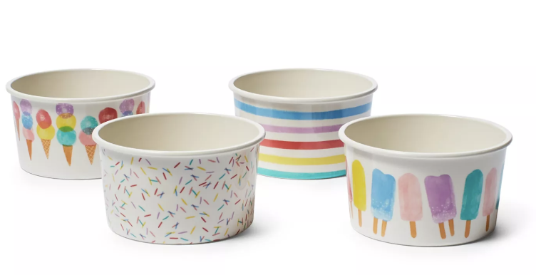 Four colorful melamine ice cream bowls