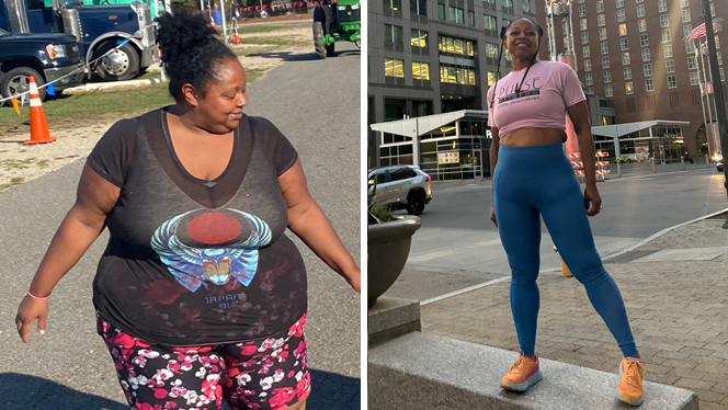 Two photos of Deena Bryant-Godde, before adopting a plant-based vegan diet to overcome obesity and lose 270 pounds. In the photo on the left, she walks outside, on the right, she has lost weight and poses in a yoga outfit.