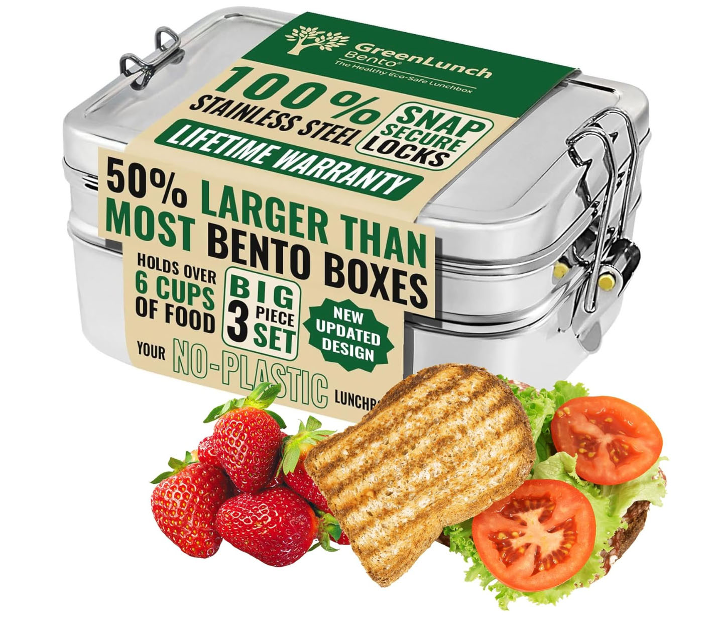 Green Lunch Large Bento Box with packaging that says, "50% larger than most bento boxes"