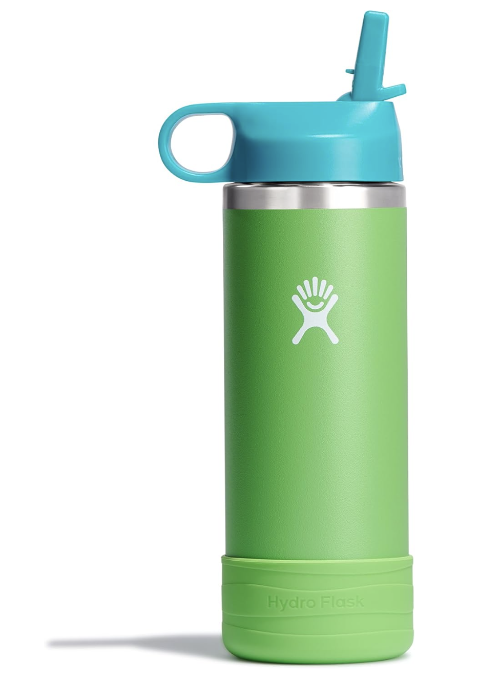 Bright green Hydro Flask water bottle with a blue sipper lid