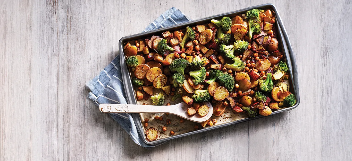 Sheet Pan Supper with Broccoli, Spuds, and Maple-Balsamic Chickpeas