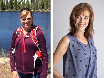 Sharon Dunmall before and after going plant-based after a heart attack -- on the left, standing beside a lake, on the right, standing in front of a gray backdrop