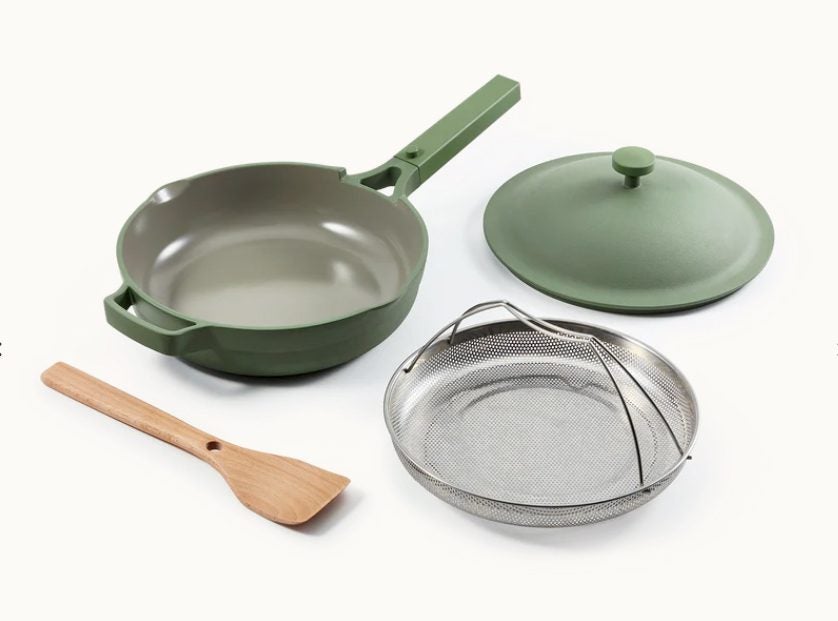Always pan in green with steamer basket