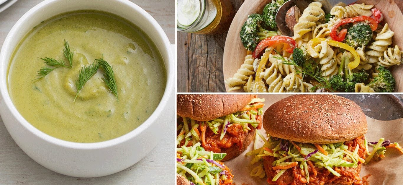 Collage showing three dishes with broccoli in recipes
