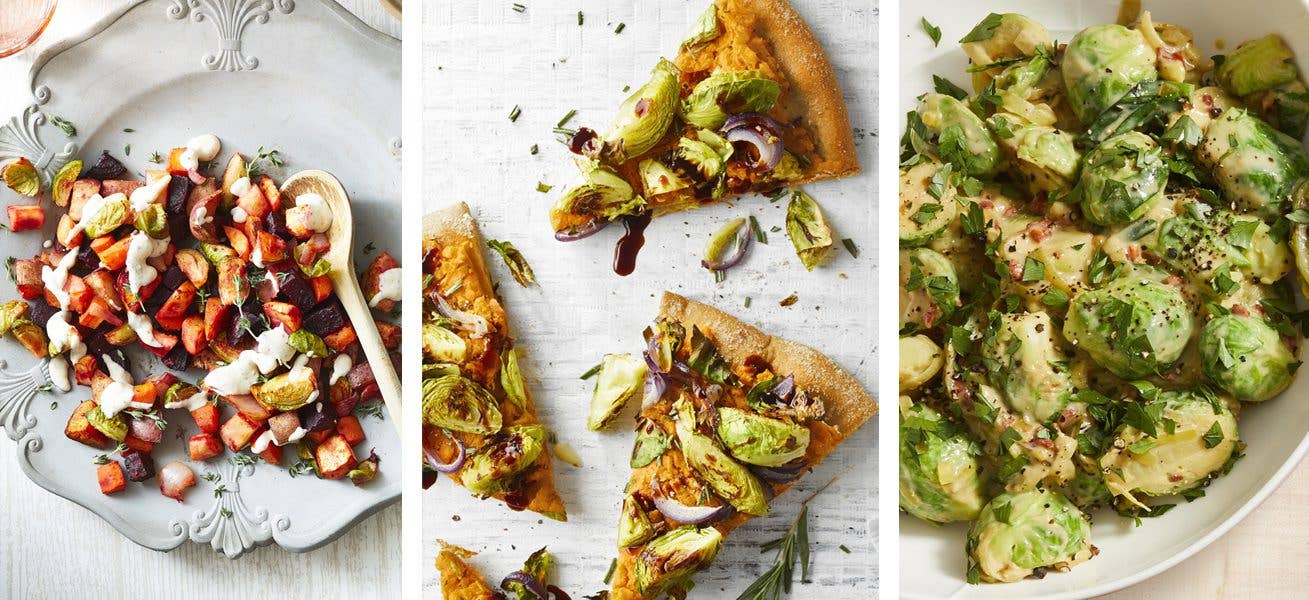 Three different Brussels sprouts-centric dishes, shown side by side: roasted vegetable hash; pizza topped with Brussels sprouts; and a side dish of brussels sprouts with a cheesy vegan sauce