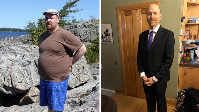 Two photos of Jeremy LaLonde, one before he adopted a plant-based diet for weight loss, and one after. On the left, he stands on a boulder outside with his hands on his back. On the right, he wears a suit inside the foyer of a home, with his hands clasped at his waist