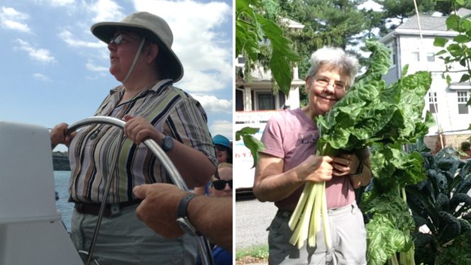 Two photos showing Karen Steiner before adopting a plant-based diet for her mental health and weight - on the left, she stands at the helm of a boat, wearing a sun hat; on the right, she holds a bundle of fresh-picked kale, looking happier and having lost excess weight
