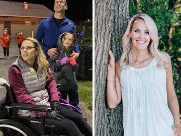Kimberly Eallonardo shown in two photos before and after adopting a plant-based diet to address her kidney disease and ms symptoms: on the left, she sits in a wheelchair with her family around her, looking up; on the right, she stands beside a tree