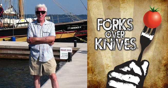 Patrick Greenaway standing on a dock, with the Forks Over Knives movie poster shown on the right side