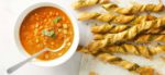 Quick Summer Tomato Soup with Pesto Breadsticks