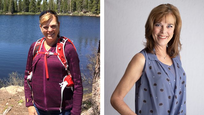 Two photos showing Sharon Dunmall Before and AFter Widowmaker Heart Attack and Oil-Free Plant-Based Diet - on the left, she wears a red shirt and backpack and stands in front of a lake; on the right, she stands in front of a gray backdrop