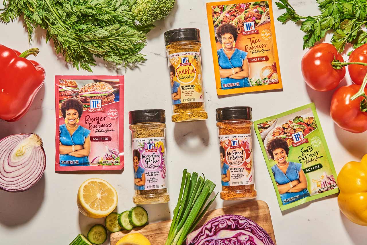 Tabitha Brown's new line of seasoning blends and recipe mix packets with McCormick, including burger business, very good garlic, sunshine seasoning blend, like sweet like salty seasoning blend, taco mix, and taco seasoning mix
