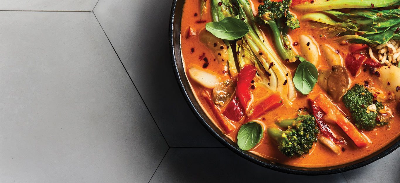 Thai Red Curry Vegetables in a black bowl