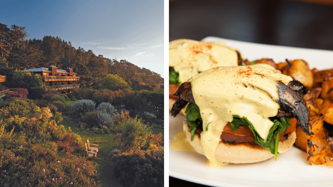 Stanford Inn by the Sea exterior photo and photo of vegan eggs benedict on a white plate