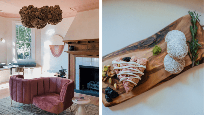 Dreamers hotel interior shot and photo of breakfast scone and cookies on a wooden board