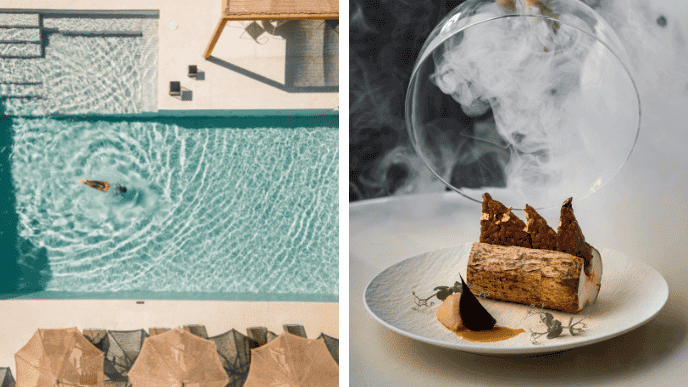 Koukoumi swimming pool and photo of fancy food being revealed under a glass dome by a chef