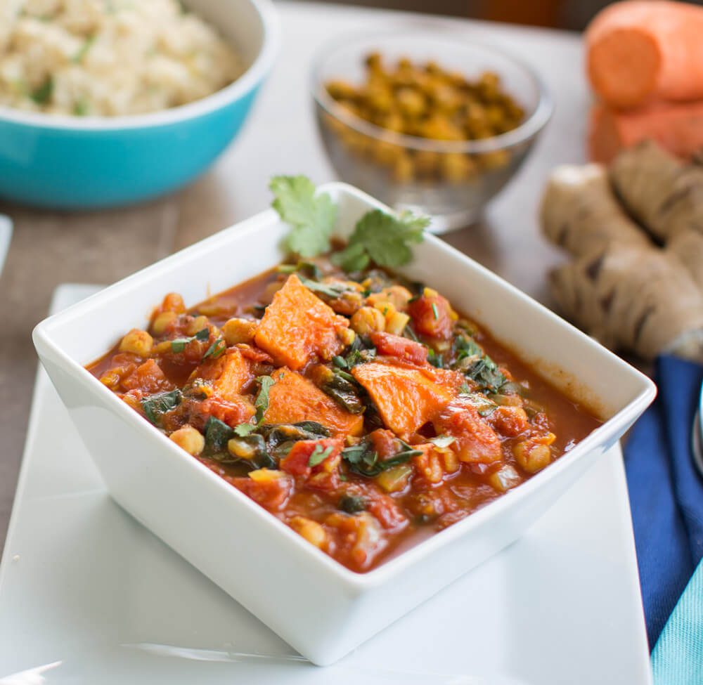 Yam Chickpea Curry with Spinach: I thought Id create a different spin on Chana Masala with them and this chickpea curry recipe is what I came up with. Its very hearty and satisfying!