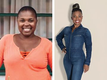 Two photos showing Andrea Kane before adopting a whole-food, plant-based diet and resolving her rheumatoid arthritis pain - on the left, she wears an orange shirt, on the right, she wears a fitted denim jumpsuit and has lost weight