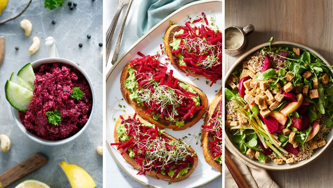 Three beet recipes: Beet dip, beet tartines, and a beet salad