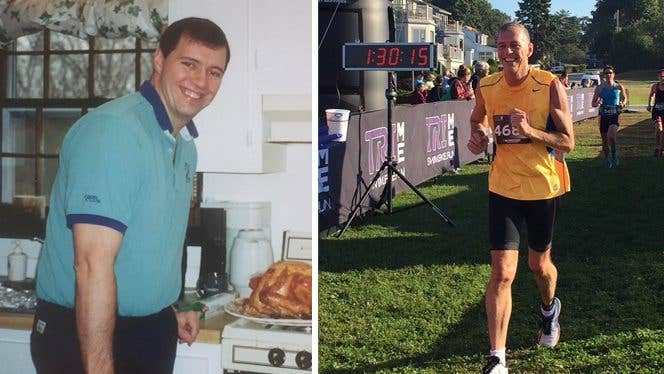 Bill McGrail Before and After Adopting a Plant-Based Diet for His Arthritis and Cholesterol - On the left, a photo of him heavier set, standing in the kitchen next to a turkey; on the right, a photo of him crossing the finish line of a race