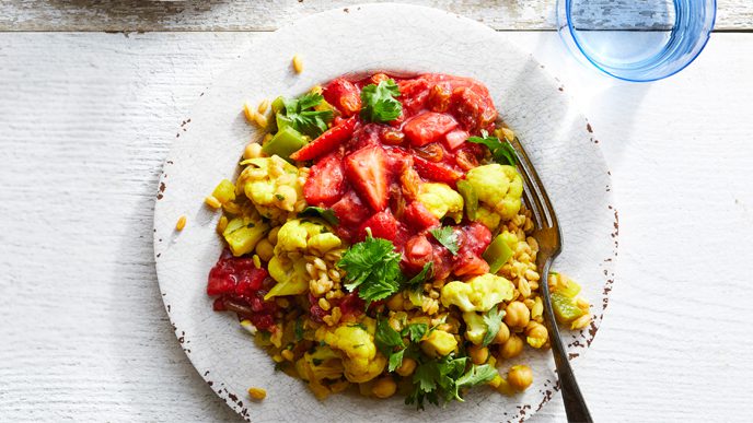 Curried Chickpeas and Farro with Strawberry Chutney