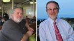 Dave Wegener, before and after. In the after photo, Wegener is 100 pounds lighter and is wearing a well-fitted white business shirt and a tie.
