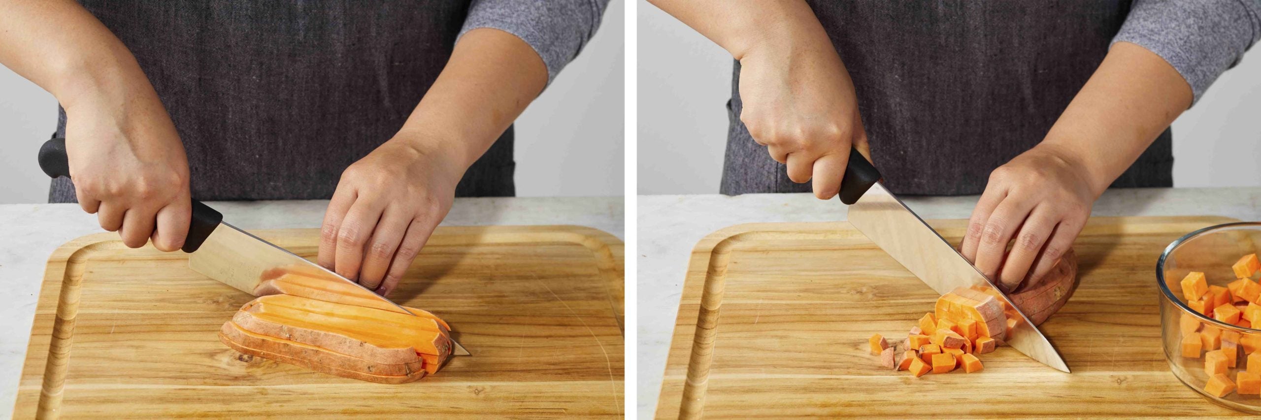 a chef dices a sweet potato in two steps