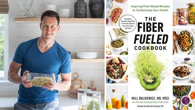 Dr. Will Bulsiewicz standing in his kitchen holding a bowl beside the cover of his 2022 book The Fiber Fueled Cookbook