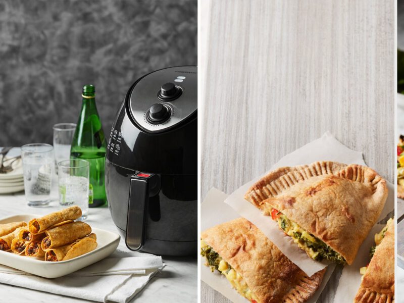A collection of recipes you can make in an airfryer, including pizza, roasted veggies, and Cauliflower and Black Bean Taquitos