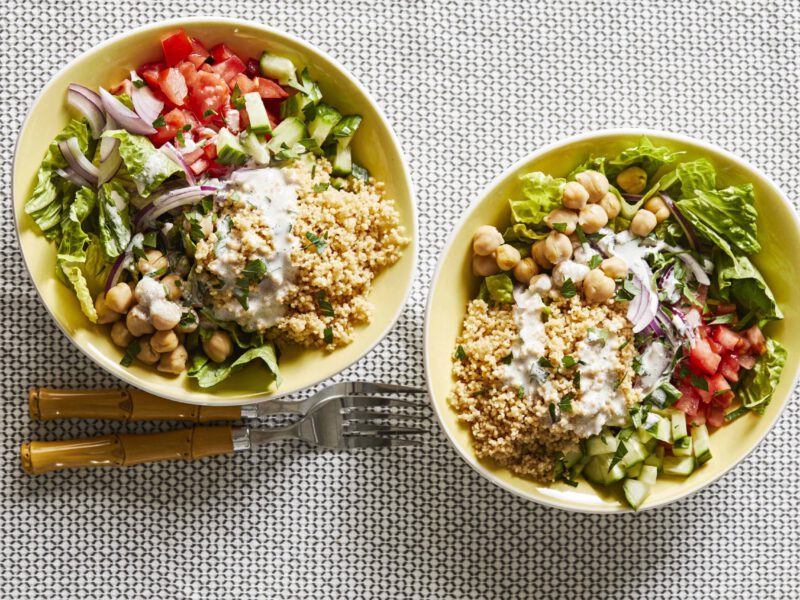 Top-down shot of two Couscous Bowls - one of our healthy 30-minute meals