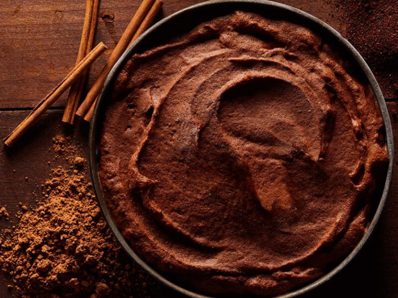 Mexican Chocolate Nice Cream against a dark wood background with cinnamon sticks and ground cinnamon