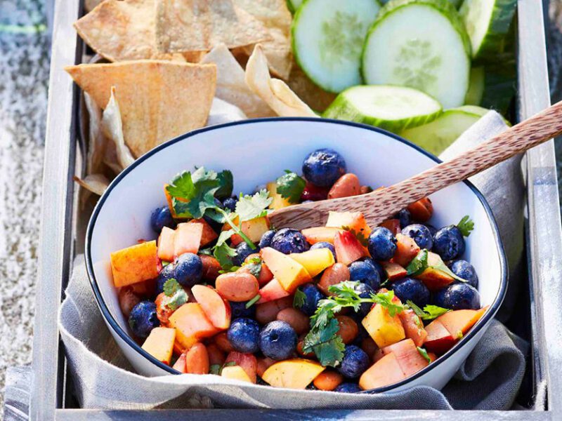 nectarine and blueberry salsa with chips and cucumber slices - higher res
