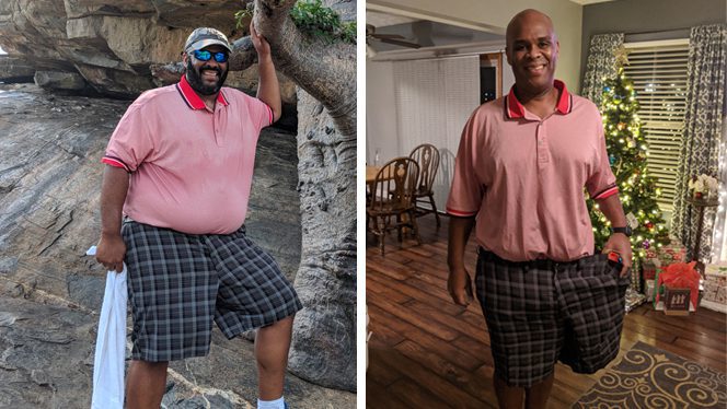 Man before and after plant-based diet - side by side images of weight loss, lower LDL cholesterol