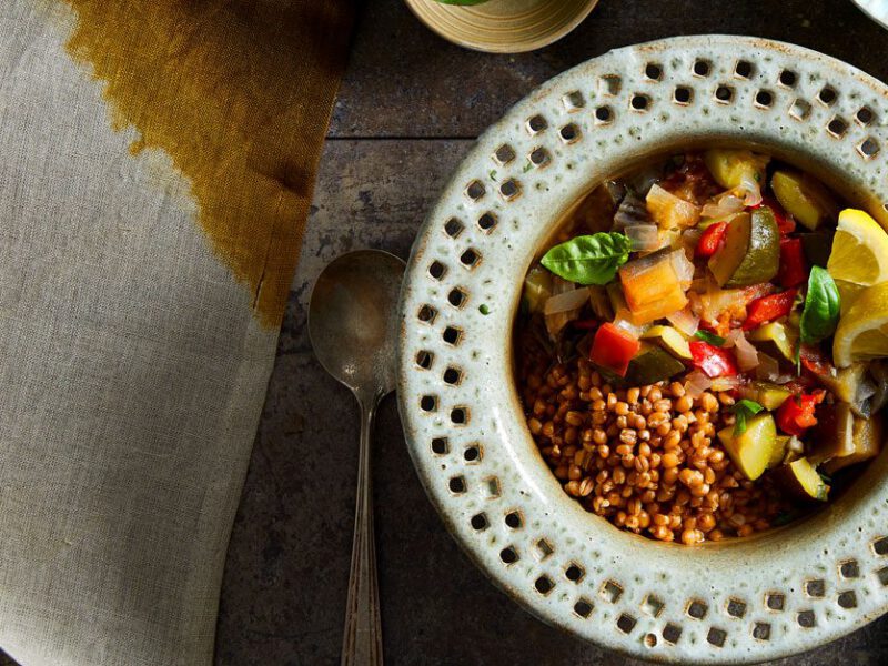Slow Cooker Ratatouille Served in a White Bowl on Rustic Table